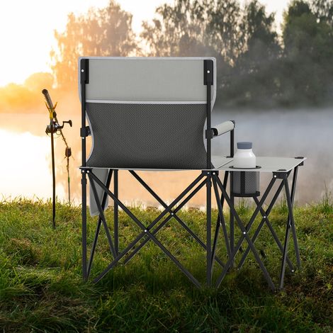 Lot de 2 Chaises de Camping avec Table Chaise de Pique-nique Pliable avec 2 Poches de Rangement Porte-gobelet Accoudoirs Rembourrés Gris (1/3)