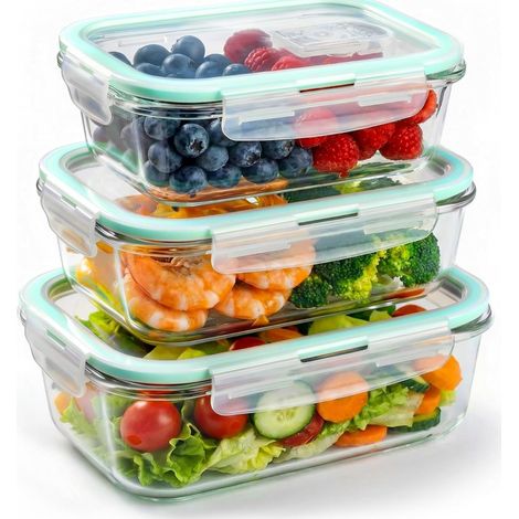 FLITI Glass Containers with Lids, 3 Pieces, 1040ml, Airtight for Meal Preparation (1/2)