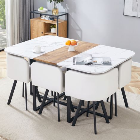 Conjunto mesa y sillas extensible 4 a 6 plazas, MDF y metal, blanco/negro HAVRYA (1/5)