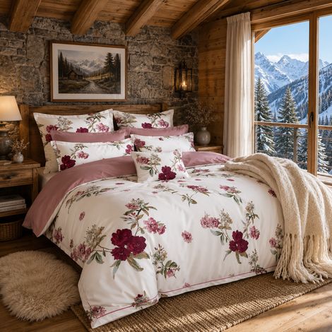 Parure de lit 3 pièces « Jardin de roses romantique » 100 % satin de coton Housse de couette réversible 200 x 220 cm 2 taies d'oreiller 70 x 80 cm Tissu doux, respirant et élégant à imprimé floral (1/5)
