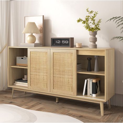 MEUBLIV Sideboard 155x38x80 cm Holz – 3 Schiebetüren aus Rattan und 2 Schubladen (1/5)