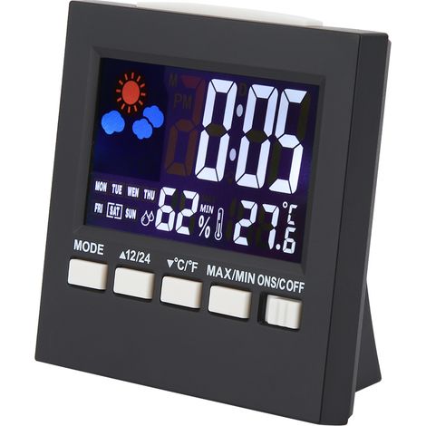 Multifunktionaler Wecker mit Lautstärkeregelung, Hintergrundbeleuchtung, Thermometer und Hygrometer (1/5)