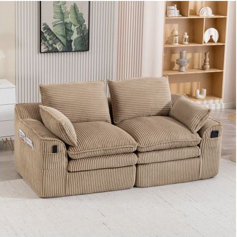 Petit Canapé - SOGEU - 145x84x85cm - Velours côtelé beige - 2 places - Poches latérales (1/5)
