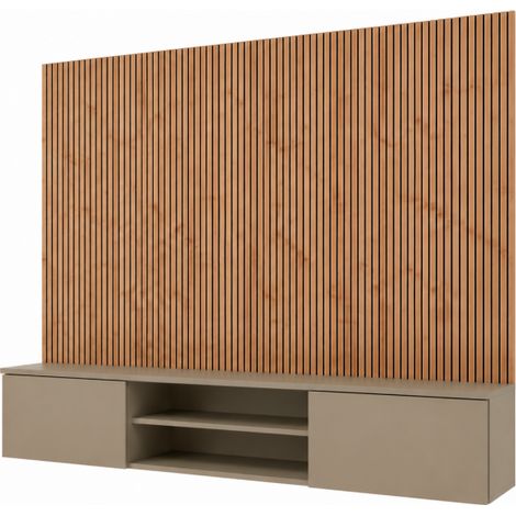 Ensemble meuble TV mural Xari L2 - Bois MDF gris argile et chêne artisan - 160 x 148 x 35 cm - Livraison gratuite (1/3)