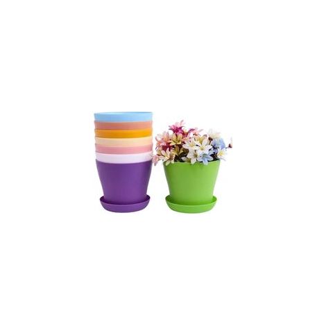 Lot de 8 pots de fleurs et soucoupes en plastique coloré avec plateaux d'égouttement pour décoration de maison ou de bureau (8 couleurs, 14 cm)