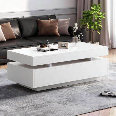 100 x 50 x 35 cm Couchtisch mit 2 Schubladen, Hochglänzender LED-Beistelltisch, Teetisch, Sofatisch, Wohnzimmertisch, kaffetisch, Weiß (1/5)
