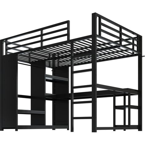 Cama alta metálica 140x200 con LED, escritorio, armario abierto y almacenaje, negro MODENUIT (1/5)