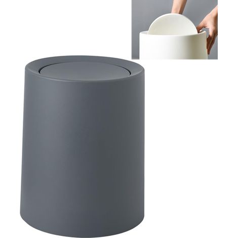 Poubelle 8 L grise ronde couvercle basculant salle de bain cuisine compacte anti buée (1/5)