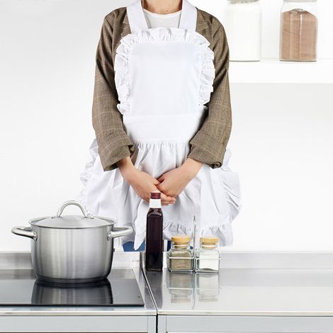 Tablier de cuisine blanc en coton pour femme, ourlet à volants, couleur unie (1/5)