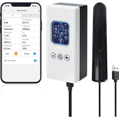 Testeur intelligent de qualité d'eau WiFi sans fil multiparamètre testeur de qualité d'eau pour pH/ORP/TDS/EC/salinité/SG/surveillance de la température alertes en temps réel avec connexion (1/5)