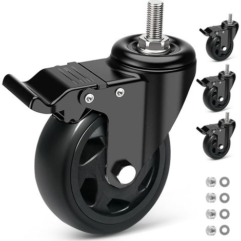 Roulette Charge Lourde avec Frein, 125MM Roulettes pour Meubles avec Tige Fileté M10x30mm Roulette Pivotantes À 360 Degrés, pour Tous Les Sols, 4 PU Roulettes Jusqu'à 650KG (1/5)
