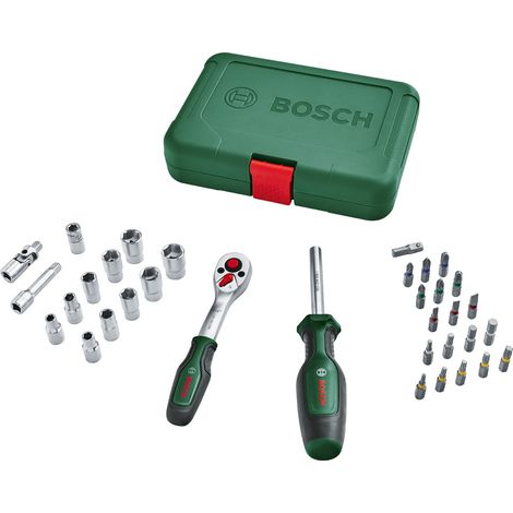 Bosch Set da 34 pezzi di cricchetti/bussole da 1/4", set di bussole versatile, di alta qualità per molteplici progetti di fai-da-te, ergonomiche, impugnatura SoftGrip, portabit magnetico (1/5)