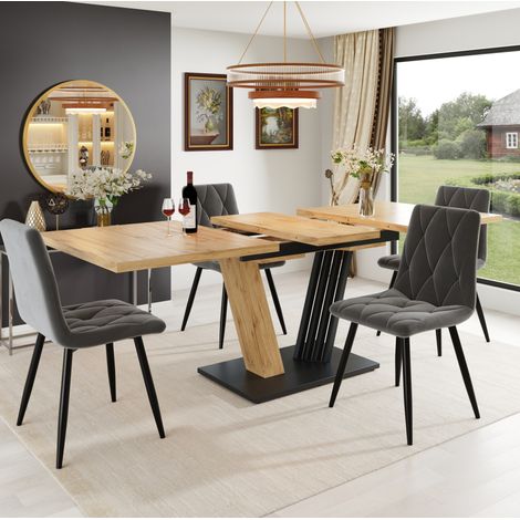 Ensemble table et chaises extensible 5 pièces, 120-160 x 80 cm, gris et décor bois HAVRYA (1/5)