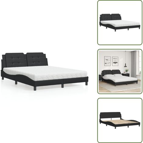 The Living Store Lit avec matelas noir 160x200 cm similicuir - Lit Double - Lit Confortable - Lit Design - Cadre Lit - Matelas Mousse