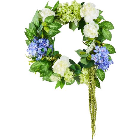 VEVOR Couronne decorative artificielle, 58,42 cm, couronne de fleurs artificielles, bleu blanc vert, decoree dehortensias, roses, baies, vignes, pour toutes les saisons, pour maison, fenetre, festival