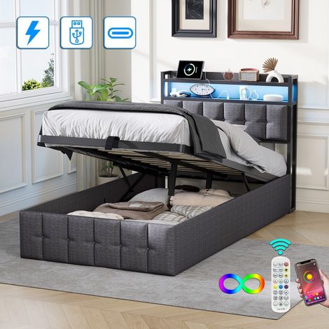 Cama canapé de 90x200 cm con iluminación LED RGB, USB, sistema de elevación hidráulico y espacio de almacenaje, tapizado en lino, estructura de madera y metal - Gris (1/5)