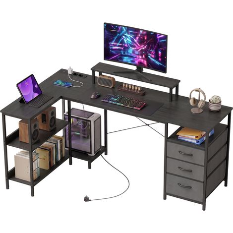 Bureau L. Angle réversible tiroirs/étagères. 170 cm. Noir. (1/5)