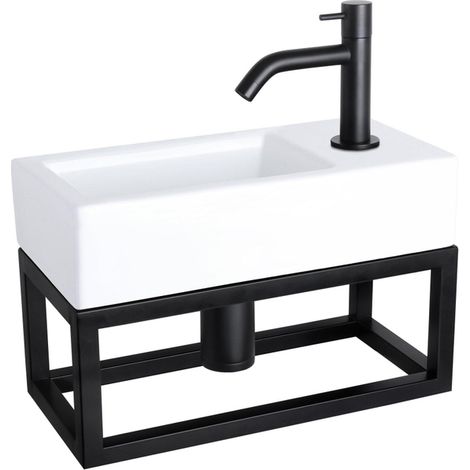 Lave-mains céramique rectangulaire 38.5x18.5x25cm – 1 trou avec robinet courbé – Bonde noir mat – Pour salle de bain moderne – Differnz (1/5)