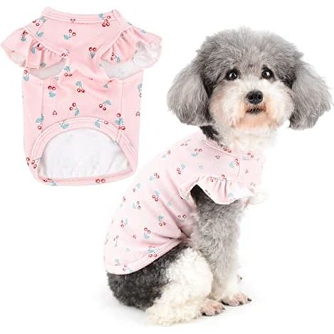 CSPARKV 20x32x23cm Yorkshire Pink Summer Shirt for Small Dogs Soft Cotton T-Shirt Breathable Cherry Print Puppy Clothes Ruffle Short Sleeve for Pet Cat Chihuahua (1/5)