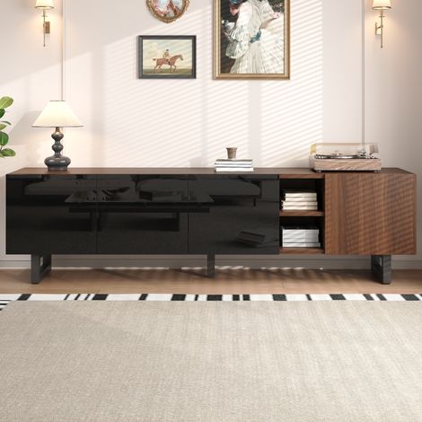 Meuble TV 180 cm avec 4 Portes, Niches Ouvertes et Pieds en Métal Noir, Grand Meuble TV Bas de Salon Minimaliste et Moderne - Noir + Noyer (1/5)