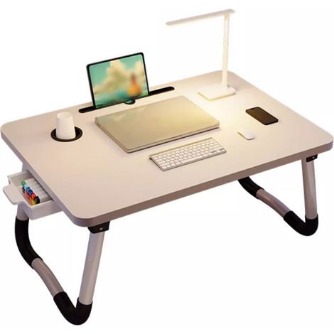 Support de lit pliable et portable pour ordinateur portable avec plateau et porte-gobelet, idéal pour lire, écrire et manger sur un canapé ou au sol (blanc). (1/4)