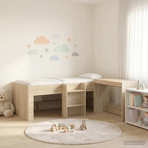 Lit haut enfant avec bureau 2 pièces en bois d’ingénierie, chêne Sonoma, 193 x 111 x 68,5 cm - PANGIVO (1/5)