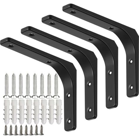 Supports d'étagère murale en acier noir – Lot de 4 équerres 200x150mm – Capacité de charge 70kg – Installation rapide avec vis incluses (1/5)