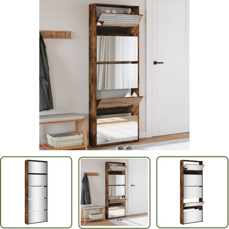 The Living Store Schuhschrank mit Spiegel 5 Fächer Räuchereiche 63x17x169,5 cm - Schuhschrank - Schrank - Regal - Schuhregal - Aufbewahrung (1/5)