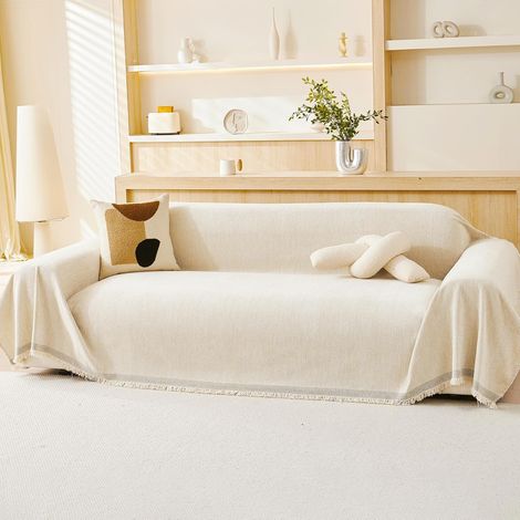 Couverture 100 % chenille naturelle pour canapé de 3 à 4 places – Jeté extra large pour canapés, jeté doux naturel de luxe pour chaise, canapé et lit, beige crème, 180 x 380 cm (1/5)