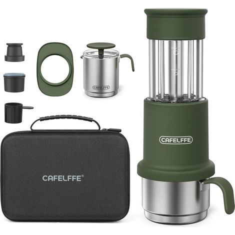 Cafetière portable manuelle avec mousseur à lait, tasse et sac de transport, machine à expresso à pression manuelle compatible avec les capsules NES Original et le café moulu, idéale pour les voyages, (1/5)