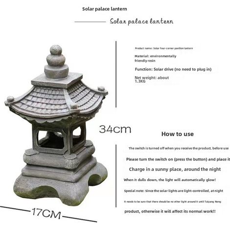 Farol de jardín de piedra y resina, al estilo de un palacio zen japonés (gris, 4 esquinas). (1/5)