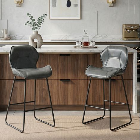 Barhocker 2er-Set aus grauem Kunstleder mit Rückenlehne, Metallgestell und Fußstütze HAVRYA (1/5)