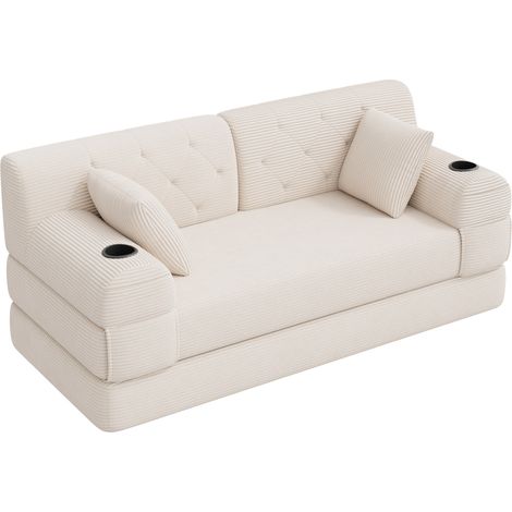 Sofá cama 2 plazas beige de terciopelo acanalado, respaldo alto, metal y 4 bolsillos (1/5)