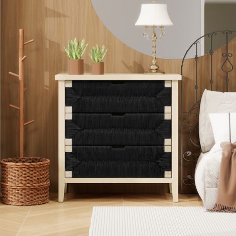 Meuble à 3 tiroirs en bois massif naturel (avec accents en corde noire) — Table de chevet de style bohème — Rangement spacieux — Idéal pour la chambre, le salon et l'entrée (1/5)