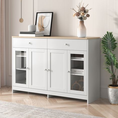 LUXELUME-Buffet en bois blanc veiné, quatre portes, deux tiroirs, une porte vitrée. Idéal pour le salon ou la salle à manger. Coloris bois et blanc. (1/5)