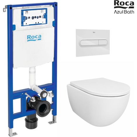Pack Bastidor ROCA Duplo Cisterna Empotrada y Pulsador PL1 Cromo Br + Inodoro Suspendido SWISS 53 cm Tornado y SoftClose
