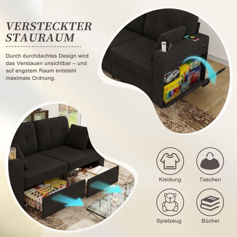 Canapé biplace avec rangement intégré,ports USB,porte-gobelets et poches latérales,meuble fonctionnel pour salon,appartement et espace lecture.