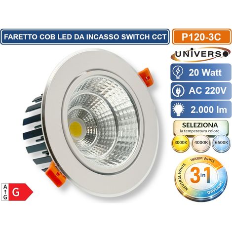 UNIVERSO P-120-3C  FARETTO DA INCASSO ORIENTABILE COB LED 20W CON SWITCH CCT PER SELEZIONE LUCE 3000K/4000K/6500K (1/5)