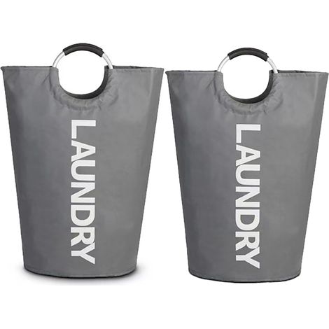Sac à linge pliable, 90 l, lot de 2, avec poignée en aluminium, pliable pour un rangement facile, gris + gris