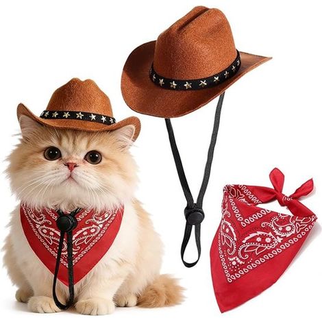 Vêtements pour animaux - Tenue de cowboy pour animaux - Chapeau de cowboy et bandana pour animaux - Idéal pour les fêtes, le cosplay, Noël, Halloween, etc. Convient aux petits chiens et chats - Talon (1/5)