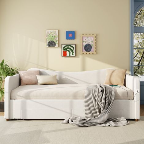 Lit canapé-capitonné-méridienne-2 tiroirs-USB-velours beige-90x200cm extensible-216x99x80cm-Sans Matelas (1/5)