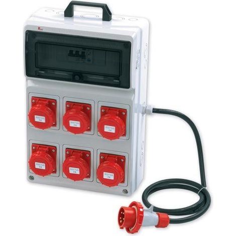 Quadro ASC portatile, 9KW 400V, IP65, 6 prese 3P+T 16A, spina 3P+T 16A, con magnetotermico differenziale e pulsante di emergenza - Rosi 2285