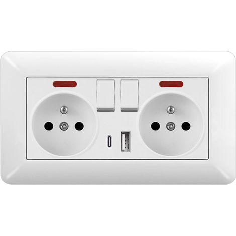 Double Prise Murale Type 146 USB-A + USB-C avec Interrupteurs et Voyants  16A 220-250V Verre Blanc  Maison & Bureau
