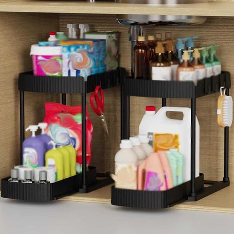 Lot de deux tiroirs de rangement coulissants multifonctionnels, adaptés au rangement sous évier/meuble et dans la salle de bain/cuisine, noirs. (1/2)
