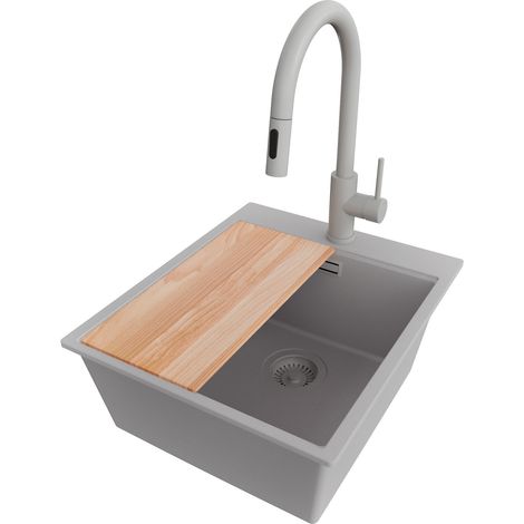 PRIMAGRAN Evier Cuisine en Granit 43x50cm,Lavabo 1 bac + Robinet 40x20cm + Kit de Vidage + Planche à Découper, Évier à Encastrer au meuble 45cm - Oslo, Gris (1/5)