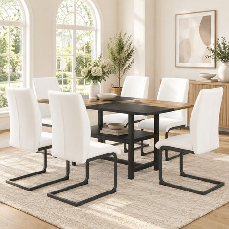 Lot de 7 table à manger rectangulaire 160 x 90 x 76 cm avec 6 chaises blanches en cuir régénéré, plateau MDF, structure métal et étagère FLORAGRACE (1/5)
