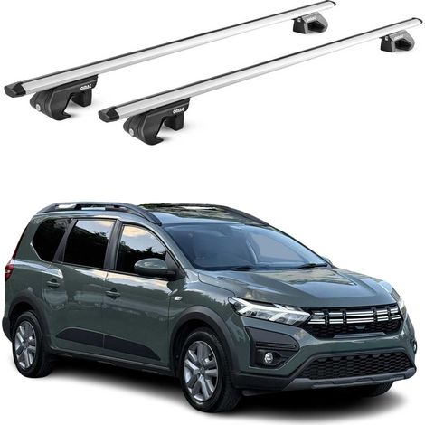 OMAC Dachträger Aluminium TÜV geprüft für Dacia Jogger 2022-2026 – Für Standard Dachreling – T Nut – Max 90 kg – 2 Schlösser Silber (1/5)