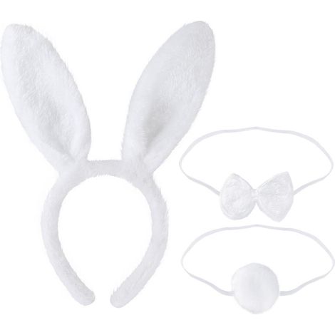 Weiße Haarbänder für Kinder, weiße Hasenohren, Hasen-Haarband-Set, Hasenohren-Schwanz-Set für Erwachsene (1/3)
