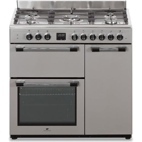 Continental Edison – Cuisinière piano gaz 5 feux – 3 fours électriques – Inox – Largeur 90 cm – Cuisson à 240° – Double couronne centrale (1/7)