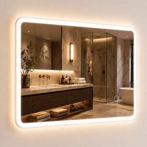 Relaxdays Badspiegel, 40 x 60 cm, dimmbarer LED-Spiegel, 3 Lichtmodi, IP44, Wandmontage, eckiger Badezimmerspiegel, Glas (1/5)